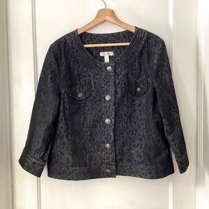 Black Denim Animal Print Jean Jacket Size XL Cropped Lightweight Metal buttons